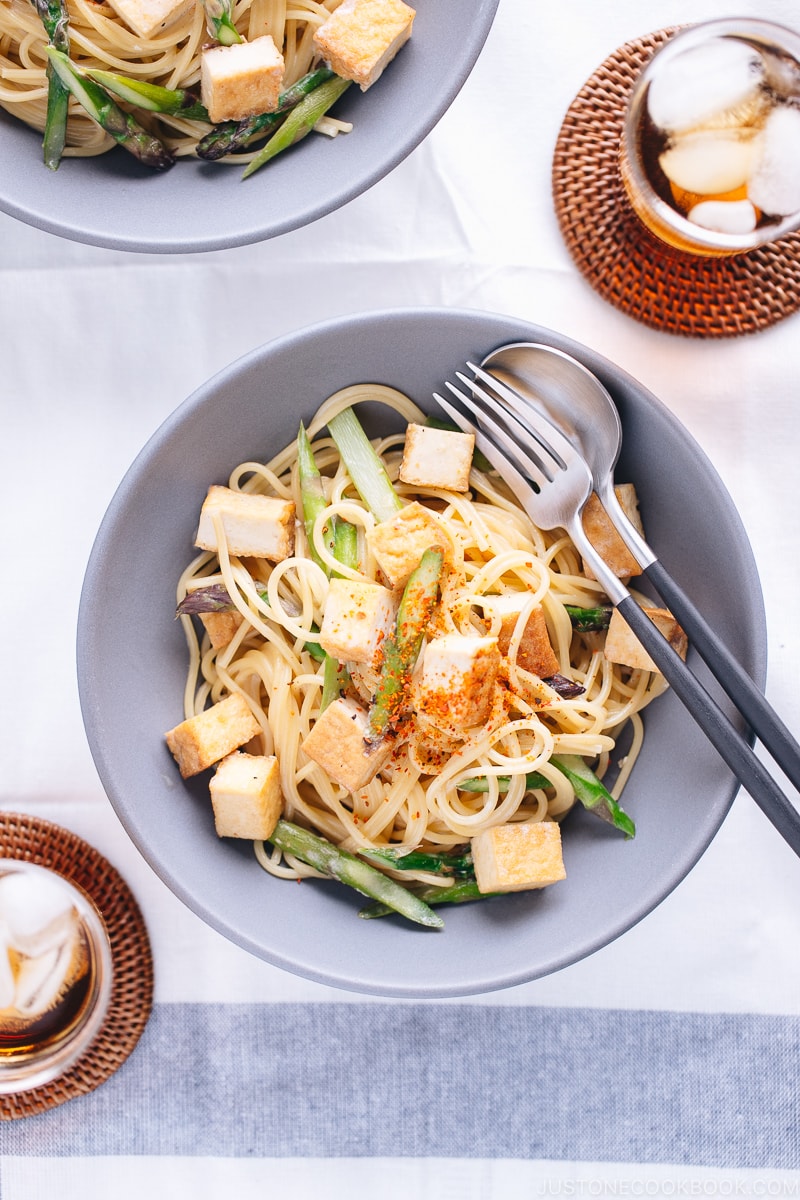Creamy Miso Pasta with Tofu and Asparagus